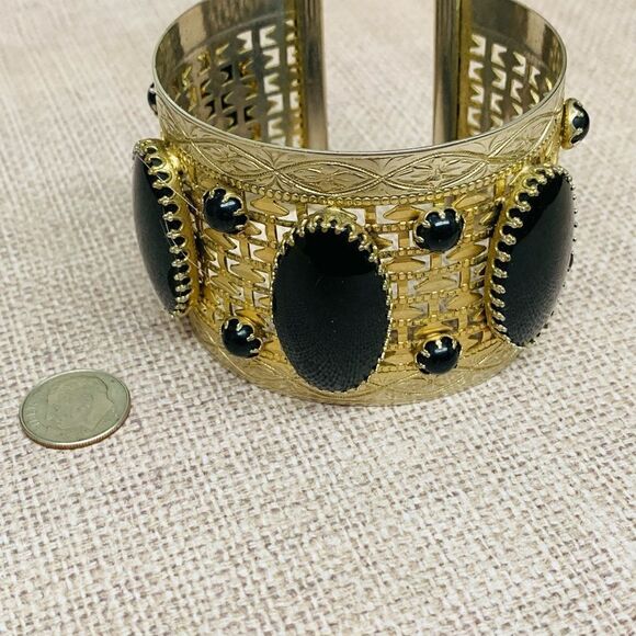 Gold and Black Stone Wide Cuff Bracelet - Picture 1 of 3
